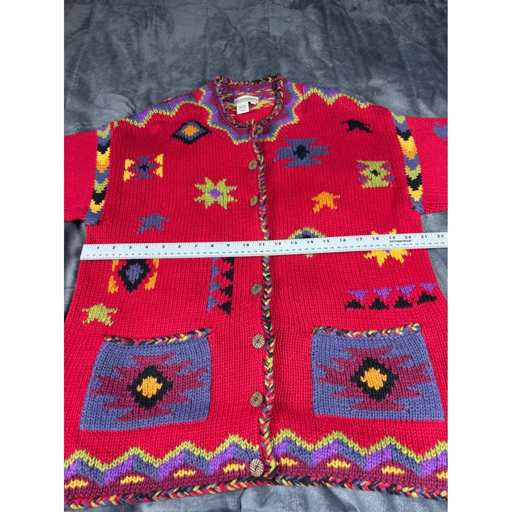 Coldwater Creek Red Southwestern Geometric Knit Cardigan Braided Trim Large - Picture 4 of 9